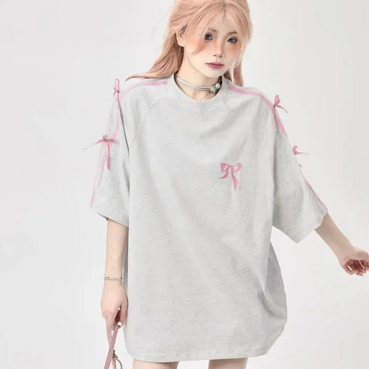 Cute Bow Loose T-Shirt Pastel Kitten