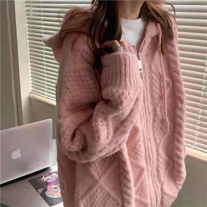 Korean Knit Hooded Cardigan Pastel Kitten