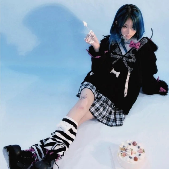 Y2K Oversized Emo Zip Hoodie Pastel Kitten