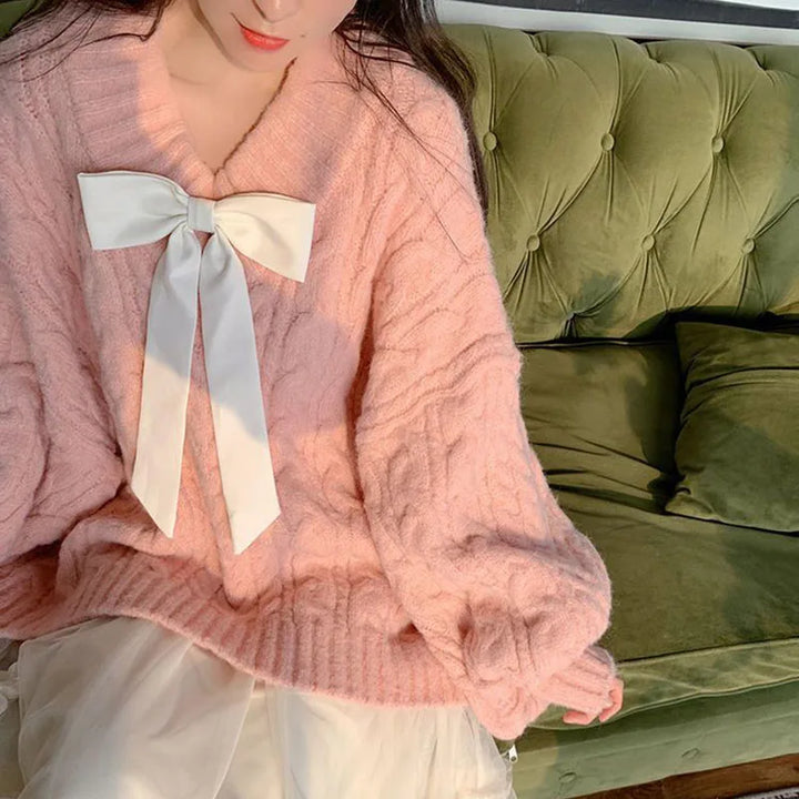 Pink Kawaii Oversize Knitwear Sweaters Women Sweet Cute Big Bow Pullovers Autumn Winter Keep Warm Lantern Sleeve V-Neck Sweater Pastel Kitten