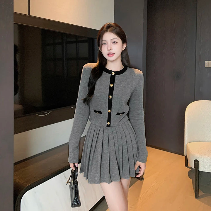 Women's Street Style Buttoned Round Neck Jacket Pleated Pleated Skirt Set Two Piece Spring New Style YL23565LL Pastel Kitten