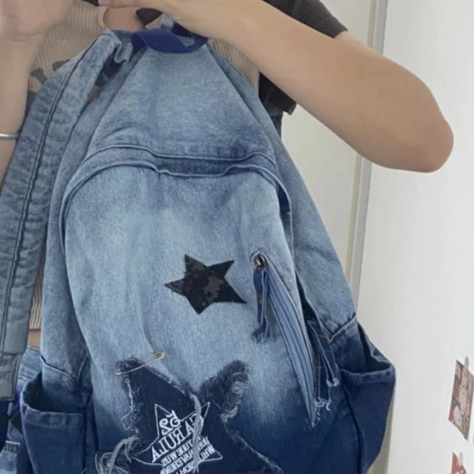 Y2K Denim School Bag Pastel Kitten