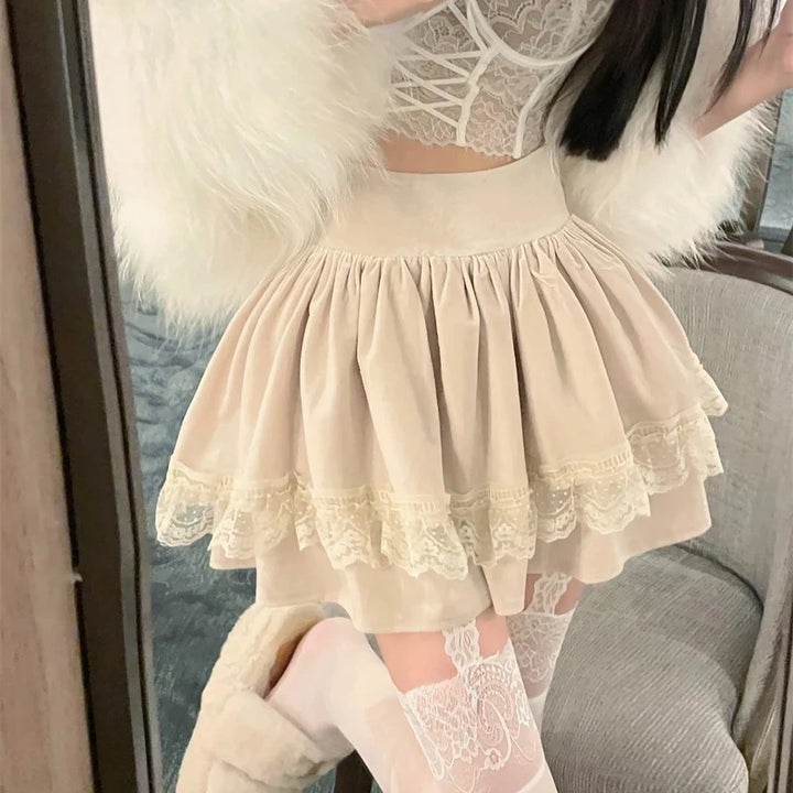 Kawaii Velvet Mini Skirt Pastel Kitten