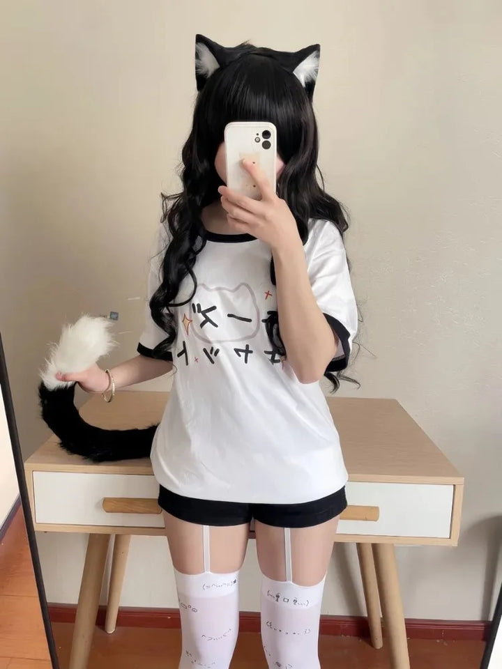 Harajuku Loose Cartoon T-Shirt Pastel Kitten