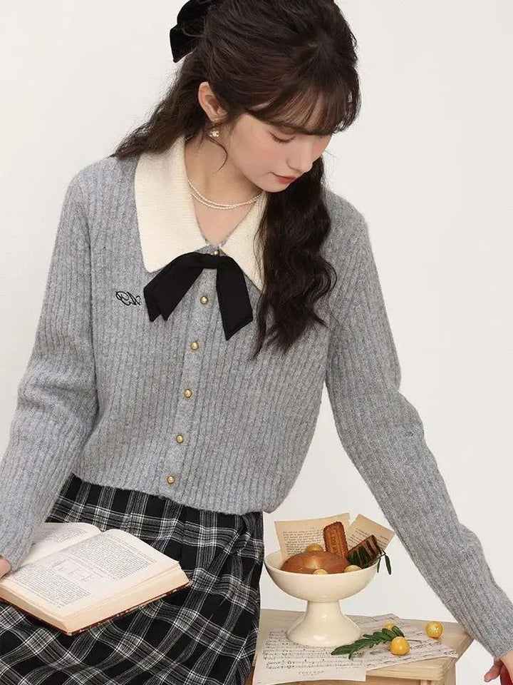 HOUZHOU Elegant Preppy Style Women Sweaters Sweet Coquette Korean Style Bow Knitted Cardigan Cropped Casual Old Money Knitwear Pastel Kitten