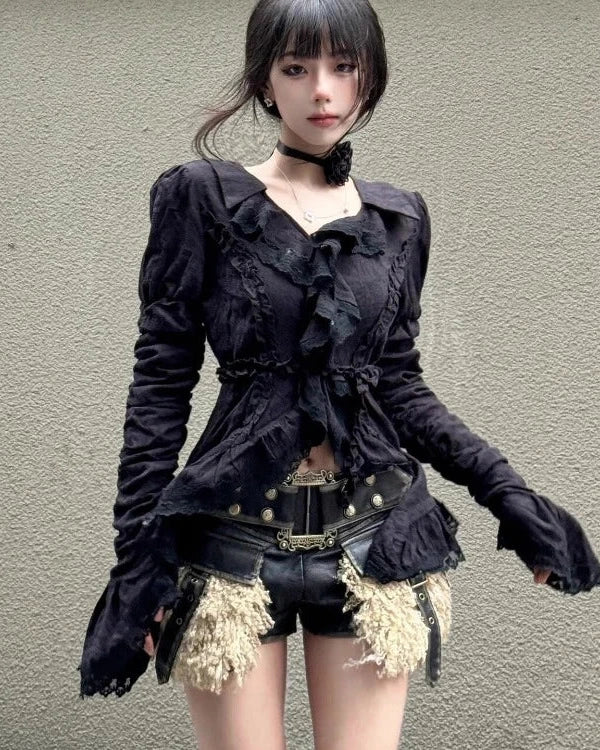 Vintage Y2K Slim Ruffle Shirt Pastel Kitten