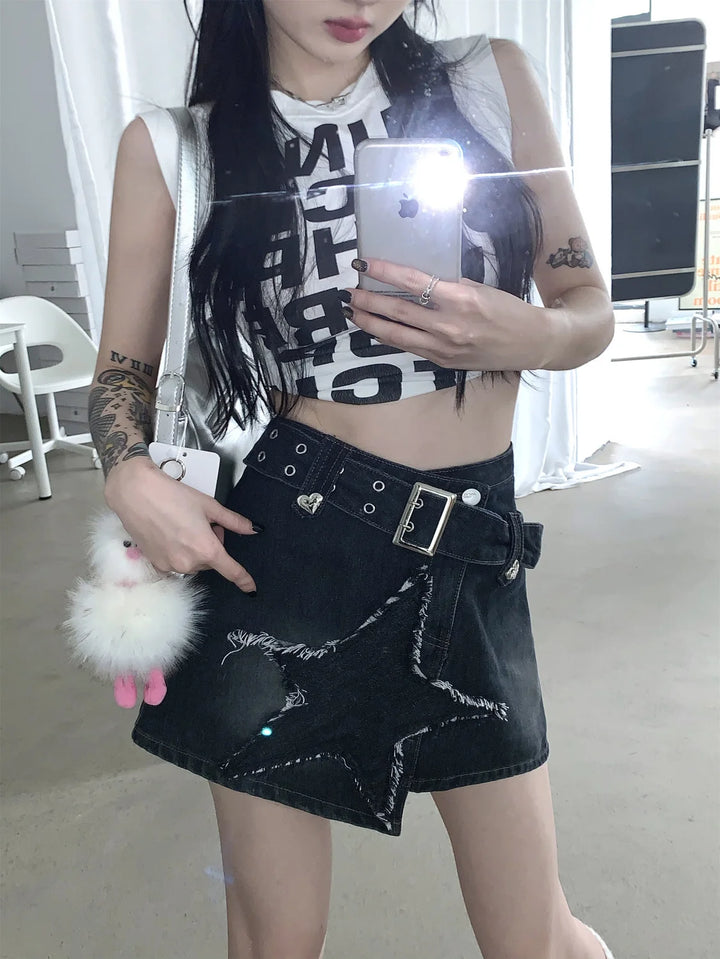 Y2K Star Denim Skirt Pastel Kitten