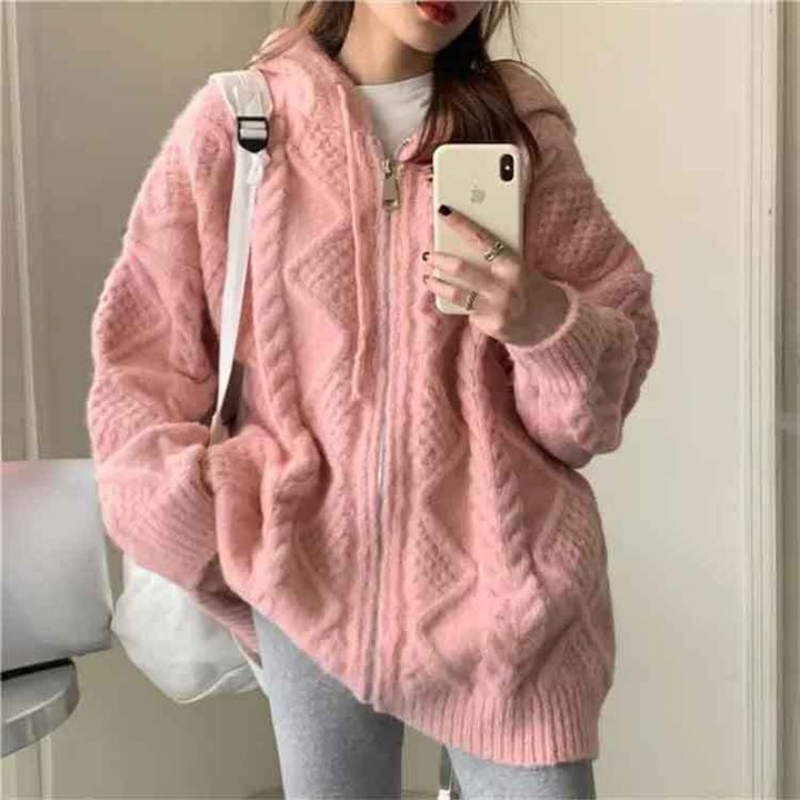 Korean Knit Hooded Cardigan Pastel Kitten