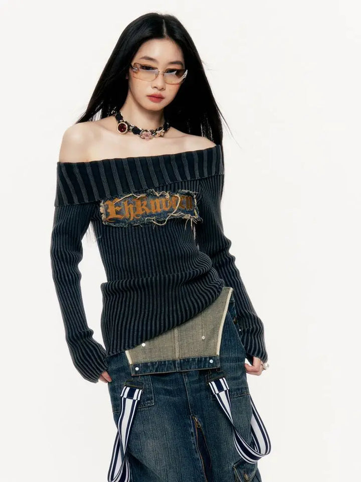 Y2K Slash Neck Slim Sweater Pastel Kitten