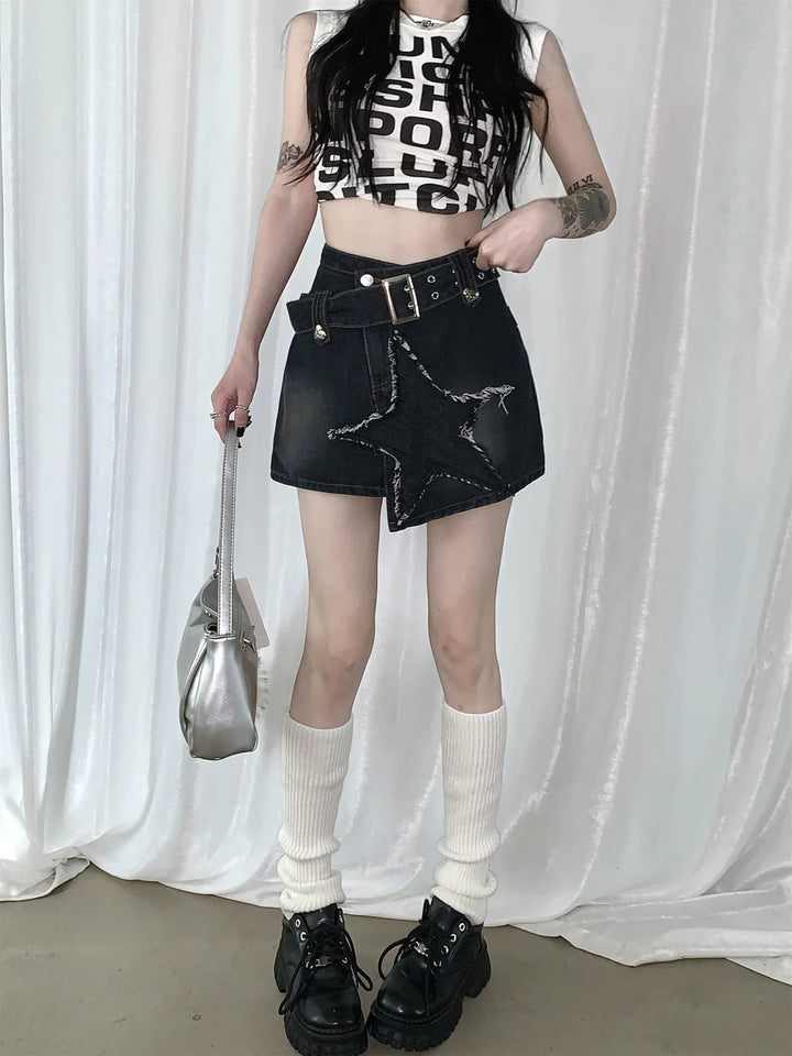 Y2K Star Denim Skirt Pastel Kitten