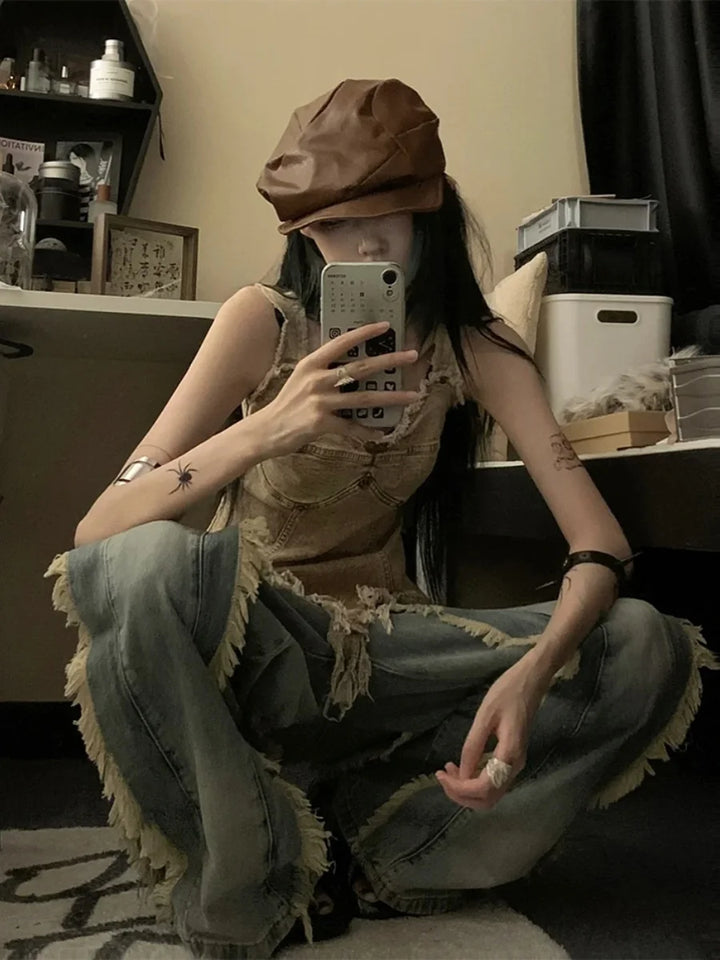 Vintage Denim Sleeveless Top Pastel Kitten