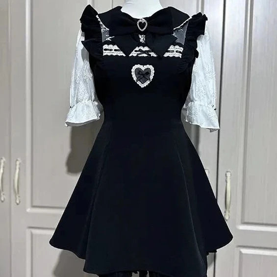 Japanese Style Gothic Y2k Lolita Rhinestone Bow Dress Shorts Set Sweet Women ruffles Peter Pan Collar Shirt Harajuku Party Dress Pastel Kitten