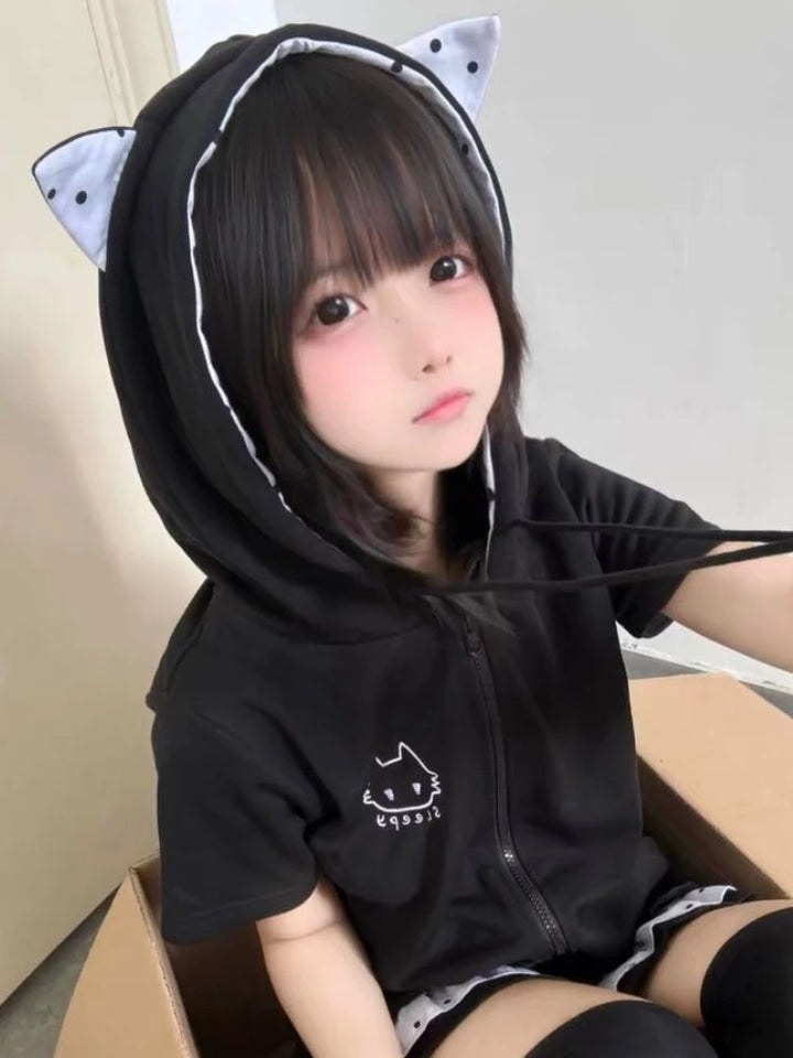 Y2K Japanese Cat Style Zip Hoodie Pastel Kitten