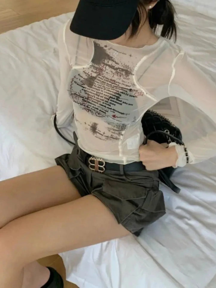 Korean Y2K Mesh Transparent Top Pastel Kitten