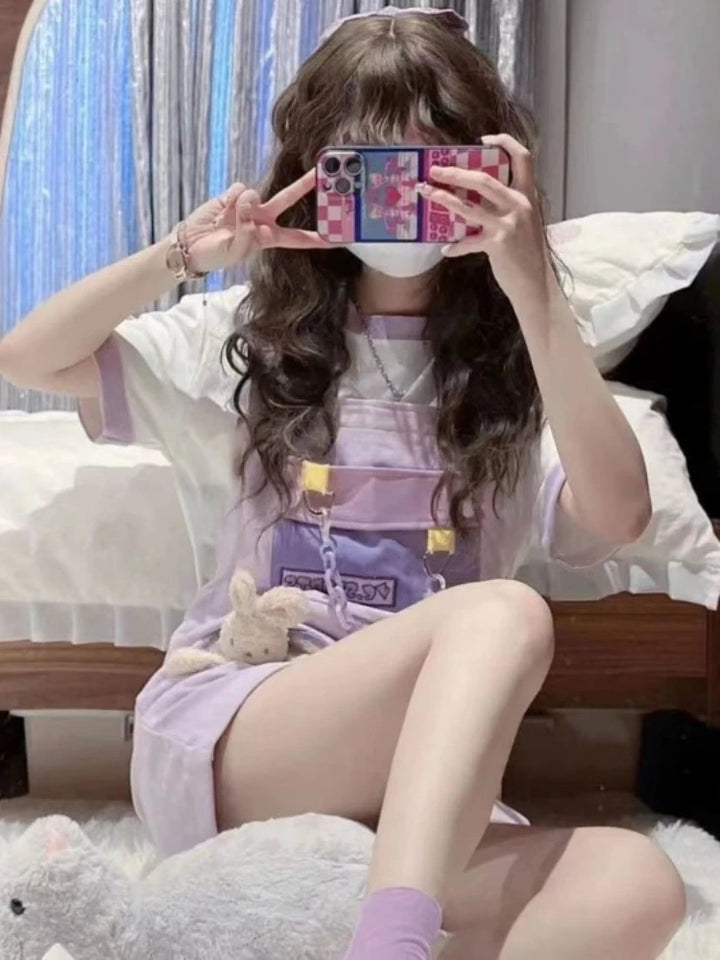 Kawaii Outfit Set - T-Short & Overalls Pastel Kitten