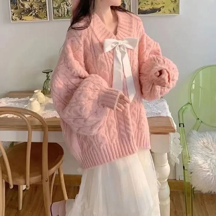 Pink Kawaii Oversize Knitwear Sweaters Women Sweet Cute Big Bow Pullovers Autumn Winter Keep Warm Lantern Sleeve V-Neck Sweater Pastel Kitten