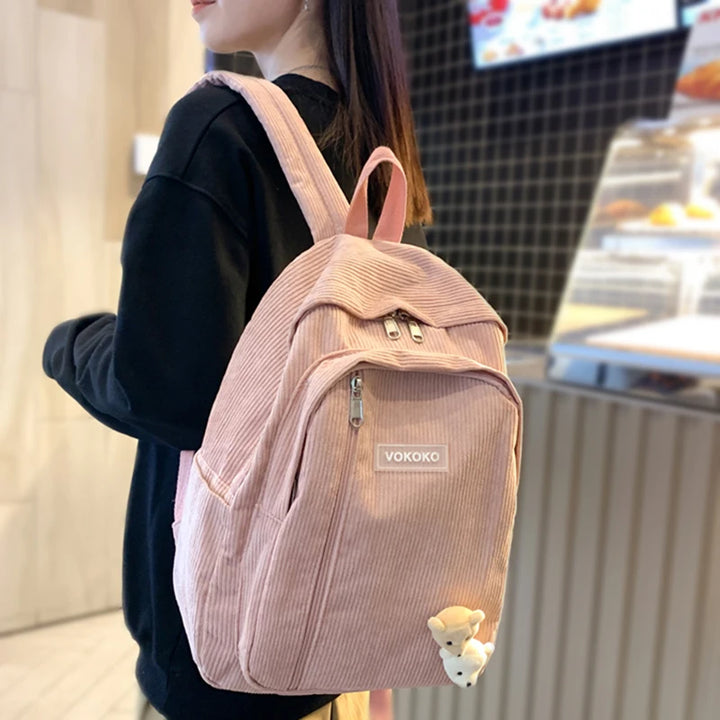 Cute Corduroy School Backpack Pastel Kitten