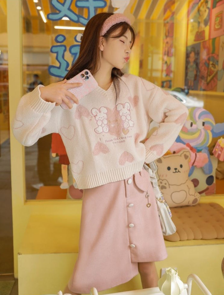 Harajuku Rabbit Embroidery Sweater Pastel Kitten