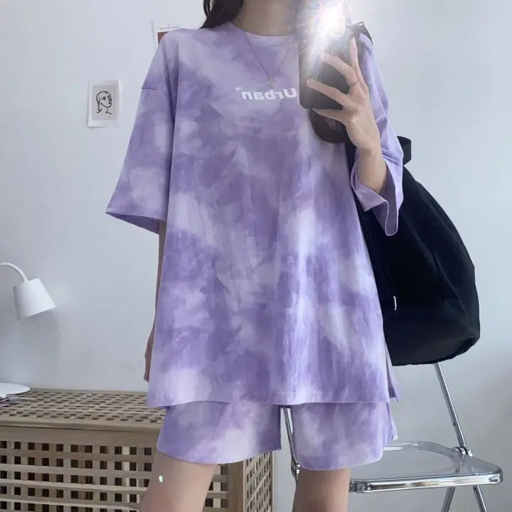 Casual Tie Dye Outfit Set - T-Shirt & Shorts Pastel Kitten