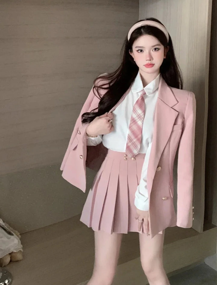 Kawaii School Uniform Outfit Set- Blazer, Shirt & Mini Skirt Pastel Kitten