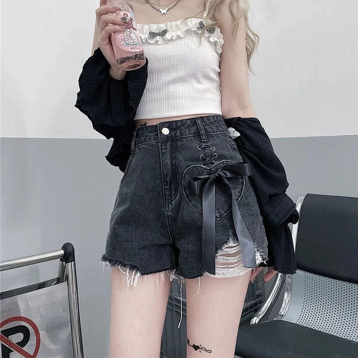 Jmprs Y2K Hole Gothic Denim Shorts Women Streetwear Bow Lace Up Shorts Harajuku Retro High Waist Design Hip Hop Jeans Shorts New Pastel Kitten