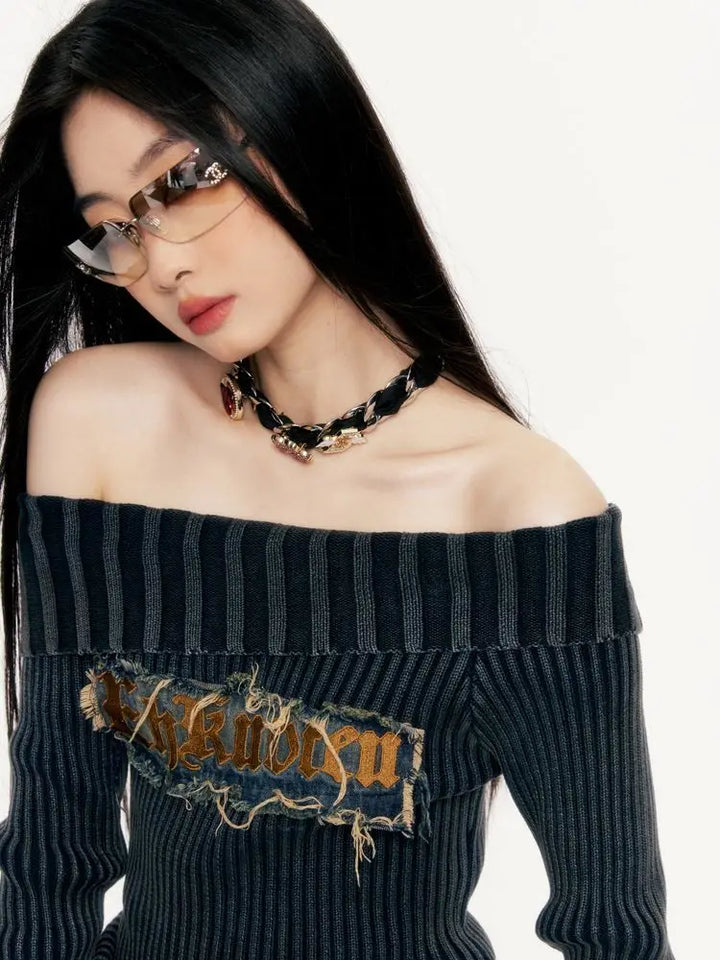 Y2K Slash Neck Slim Sweater Pastel Kitten