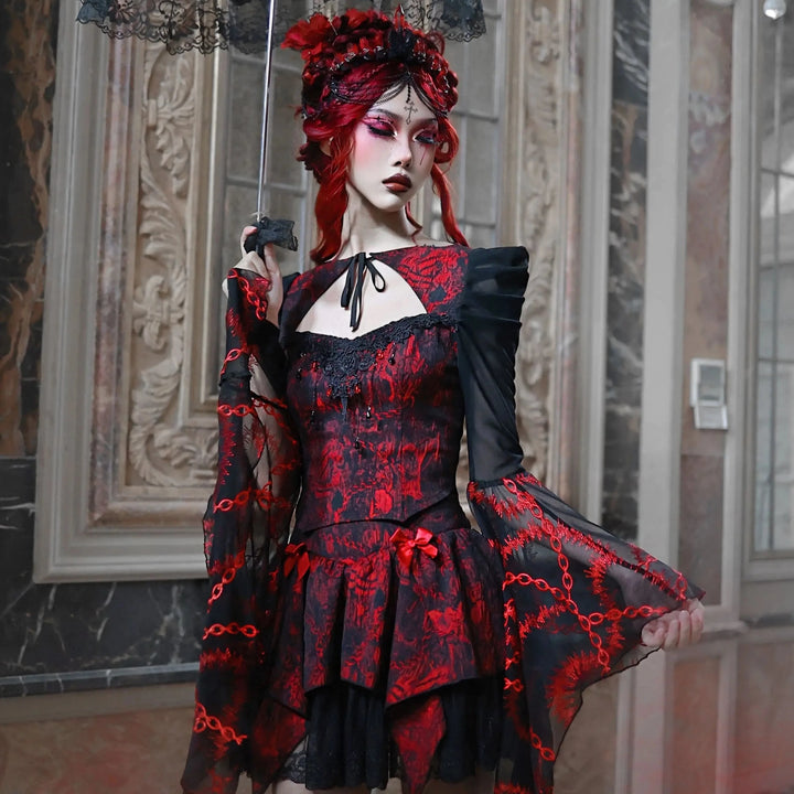 Red Gothic Outfit Set - Blouse & Skirt Pastel Kitten