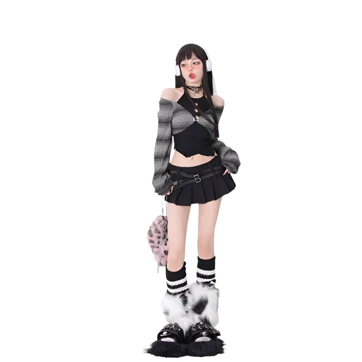 Y2K Kawaii Outfit Set - Short Skirt & Cardigan Pastel Kitten