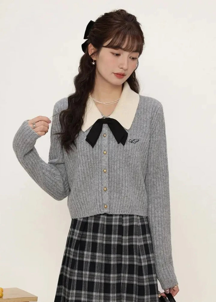 HOUZHOU Elegant Preppy Style Women Sweaters Sweet Coquette Korean Style Bow Knitted Cardigan Cropped Casual Old Money Knitwear Pastel Kitten