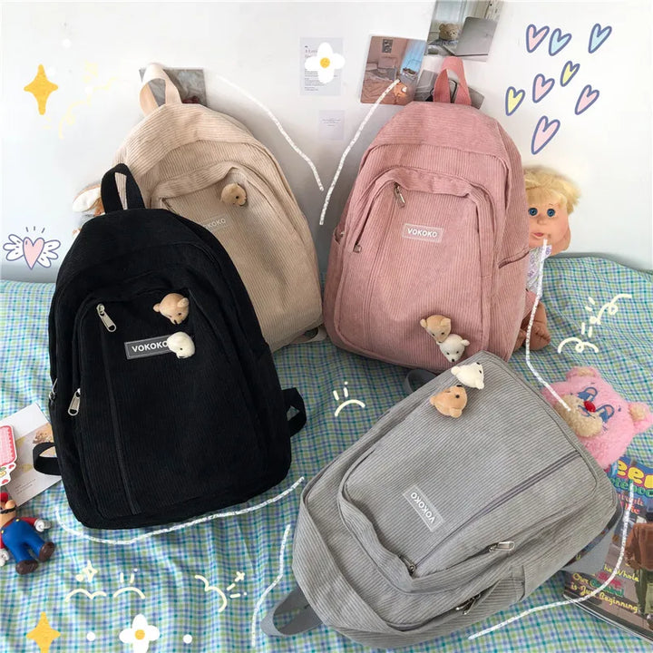 Cute Corduroy School Backpack Pastel Kitten