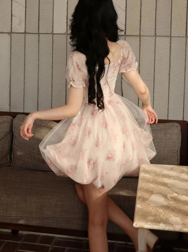 Cute Korean Floral Mini Dress Pastel Kitten