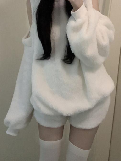 Lolita Fluffy Outfit Set - Hoodie & Shorts Pastel Kitten