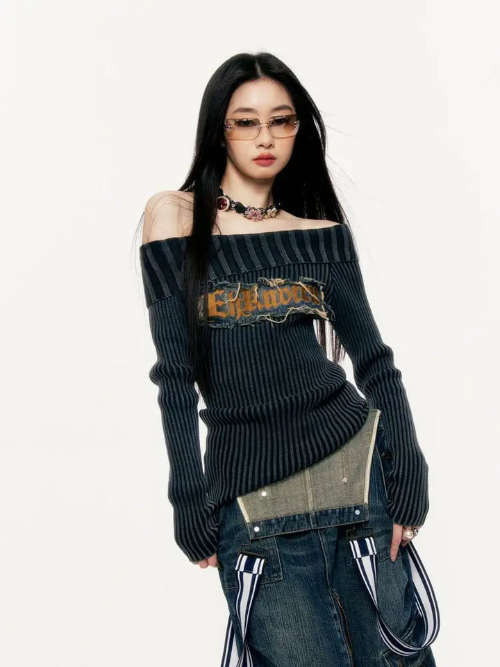 Y2K Slash Neck Slim Sweater Pastel Kitten