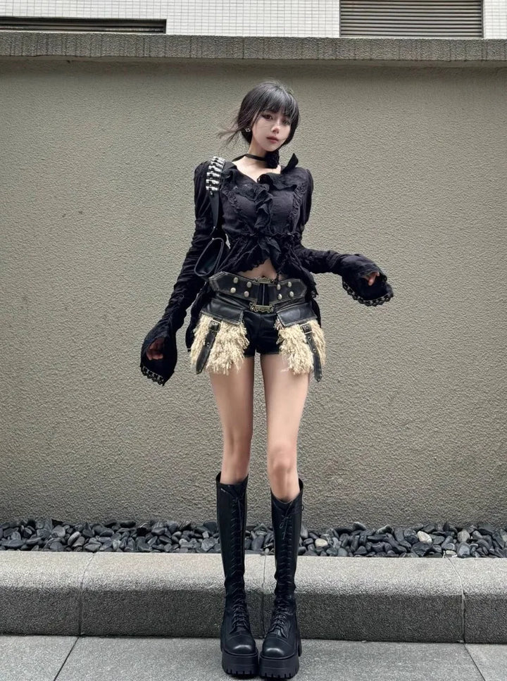 Vintage Y2K Slim Ruffle Shirt Pastel Kitten