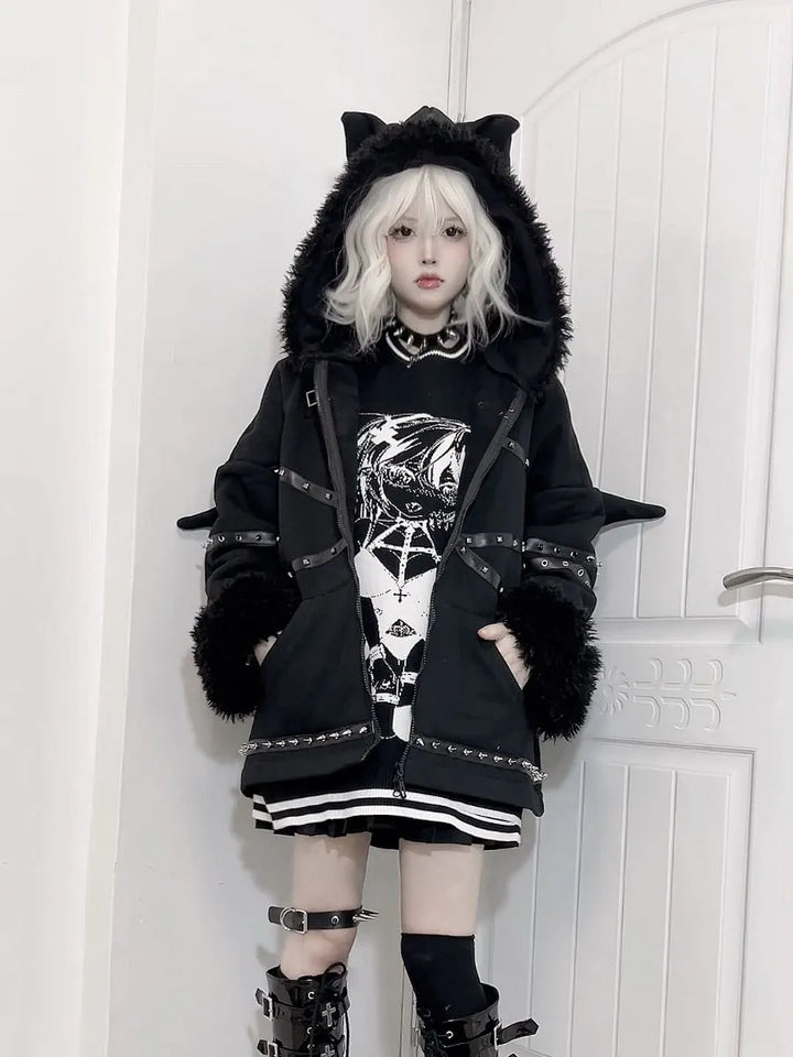 Harajuku Emo Hoodie with Bat Ears & Wings Pastel Kitten