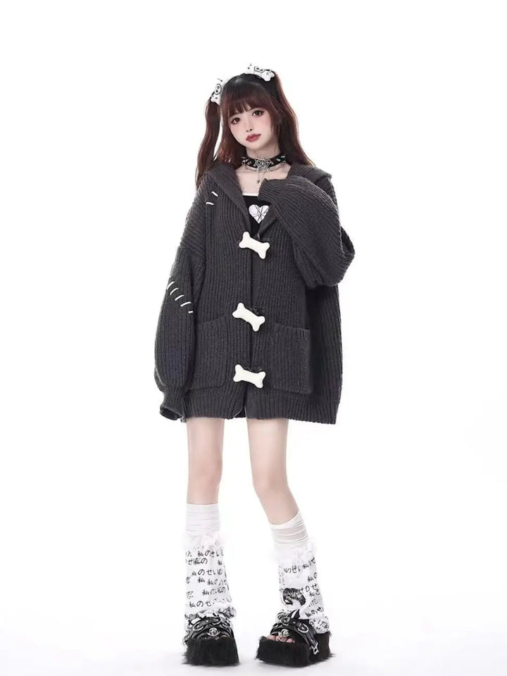 Deeptown Y2K Harajuku Black Oversized Cardigan Women Grunge Kpop Gray Knitted Sweater Autumn Winter Hooded Knitweat Tops Jackets Pastel Kitten