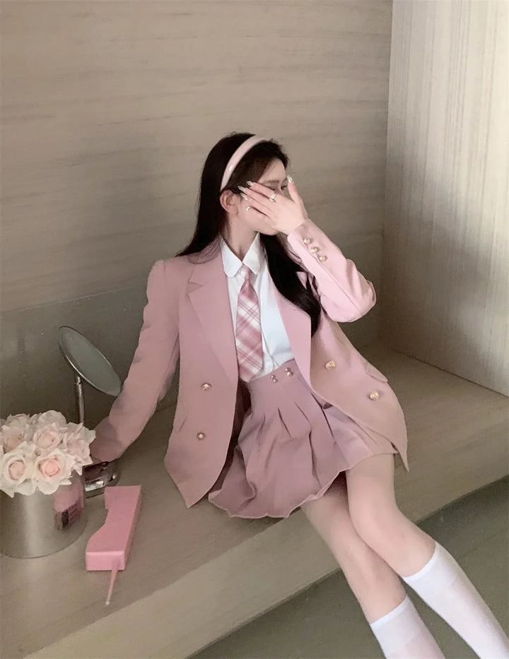 Kawaii School Uniform Outfit Set- Blazer, Shirt & Mini Skirt Pastel Kitten