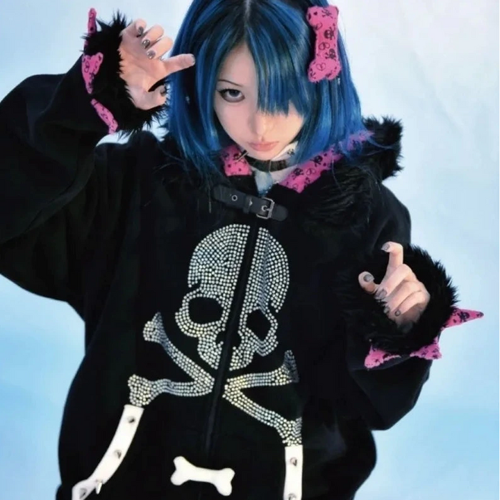 Y2K Oversized Emo Zip Hoodie Pastel Kitten