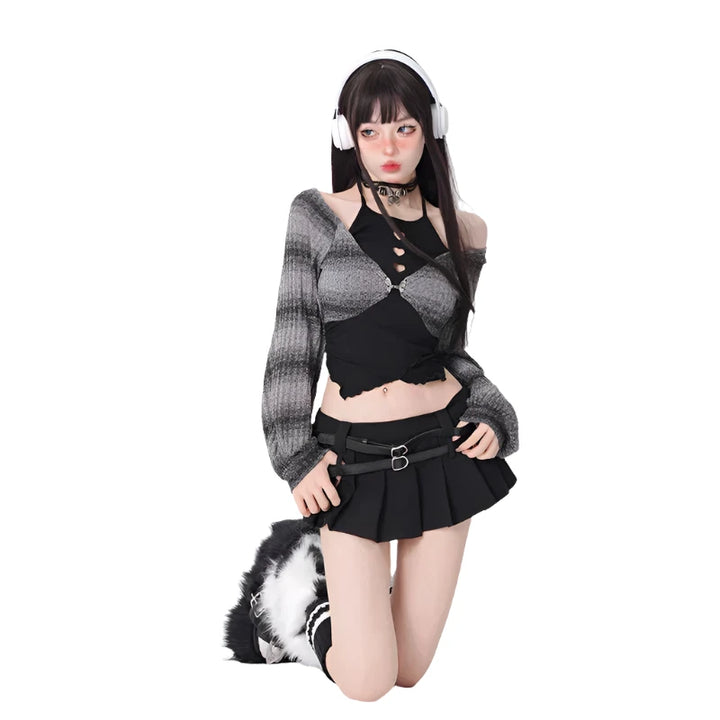 Y2K Kawaii Outfit Set - Short Skirt & Cardigan Pastel Kitten