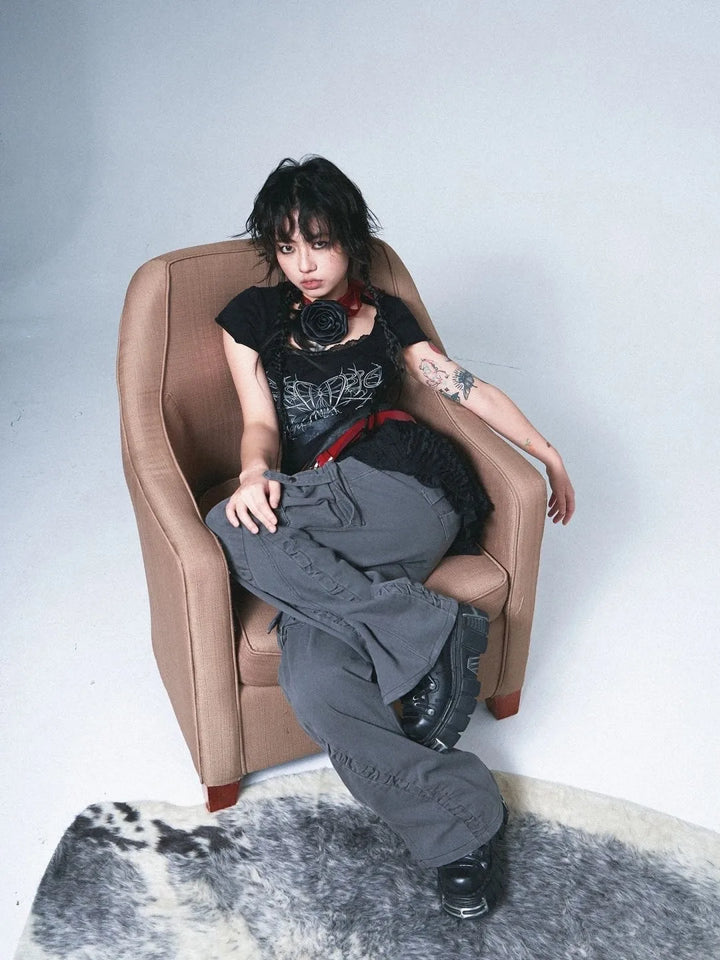 Y2K Grunge Lace T-Shirt Pastel Kitten