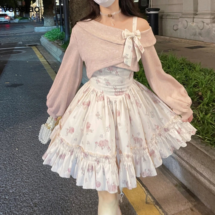 Cute Lolita Outfit Set - Knit Jumper & Mini Dress Pastel Kitten