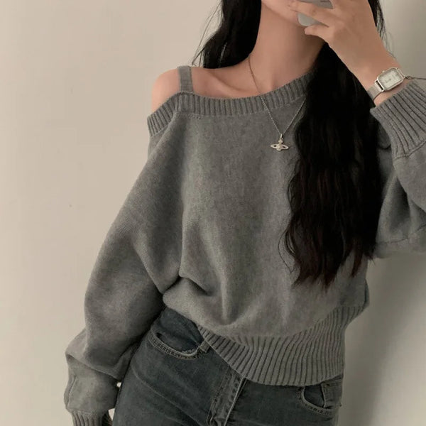 Korean Women's Off Shoulder Strap Knitwear Sweater New Design Diagonal Shoulder Short Top Elegant Sexy Bat Sleeve Sweater свитер Pastel Kitten