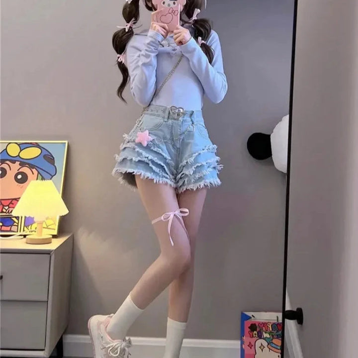 Kawaii Lolita Denim Shorts Pastel Kitten