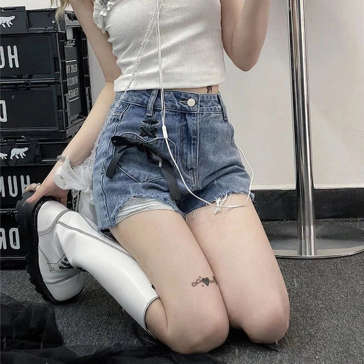 Jmprs Y2K Hole Gothic Denim Shorts Women Streetwear Bow Lace Up Shorts Harajuku Retro High Waist Design Hip Hop Jeans Shorts New Pastel Kitten