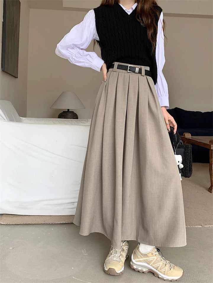 Korean Pleated Midi Skirt Pastel Kitten