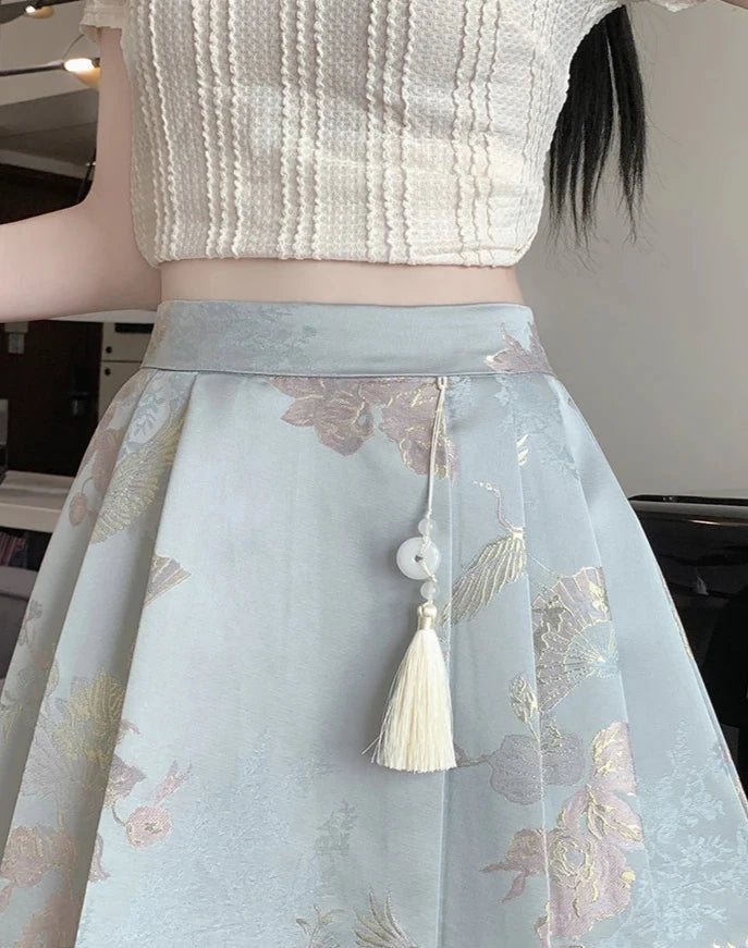 Cute Chinese Style Embroidered Skirt Pastel Kitten