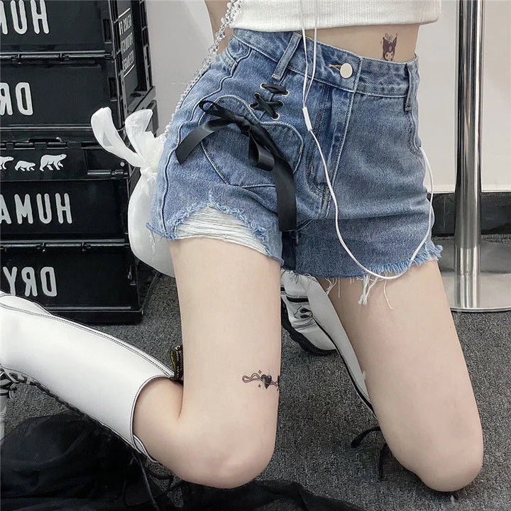 Jmprs Y2K Hole Gothic Denim Shorts Women Streetwear Bow Lace Up Shorts Harajuku Retro High Waist Design Hip Hop Jeans Shorts New Pastel Kitten