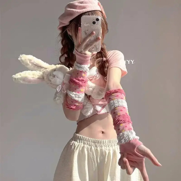 Cute Lolita Pink Gloves Pastel Kitten