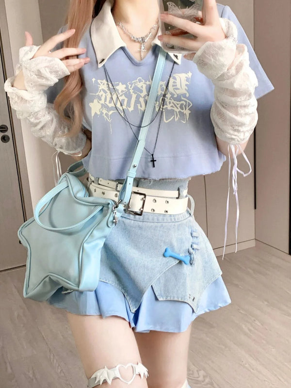 Pastel Y2K Outfit Set - Top, Skirt & Leg Warmers Pastel Kitten