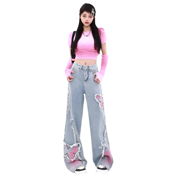 Korean Ripped Butterfly Jeans Pastel Kitten